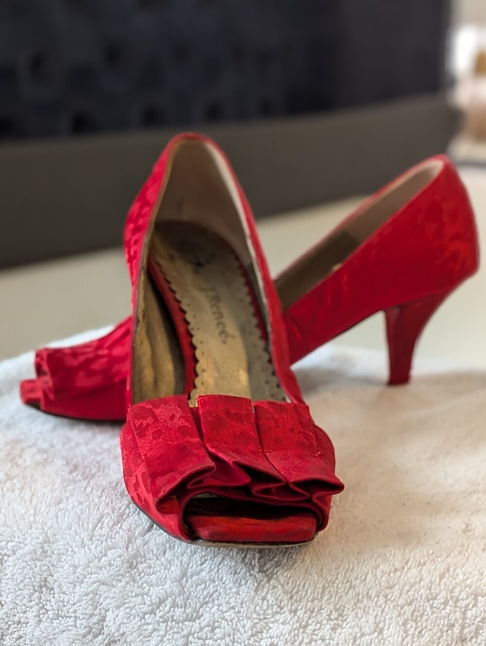 J.Renee Red Peep-Toe Heels with Bow Detail